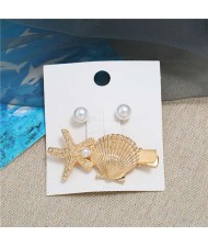 Seashell and Pearl Combo Women Elegant Hair Barrette - Golden