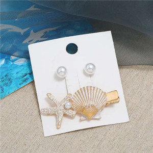 Seashell and Pearl Combo Women Elegant Hair Barrette - White