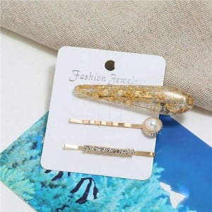 Artificial Amber Design Women Hair Clip and Barrette Combo Set - Golden