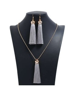 Cotton Threads Tassel Bohemian Fashion Long Chain Necklace and Earrings Set - Gray