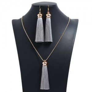 Cotton Threads Tassel Bohemian Fashion Long Chain Necklace and Earrings Set - Gray