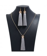 Cotton Threads Tassel Bohemian Fashion Long Chain Necklace and Earrings Set - Gray