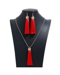 Cotton Threads Tassel Bohemian Fashion Long Chain Necklace and Earrings Set - Red