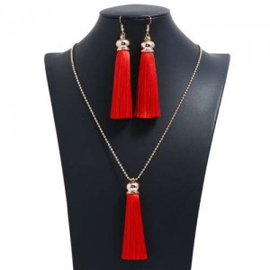 Cotton Threads Tassel Bohemian Fashion Long Chain Necklace and Earrings Set - Red