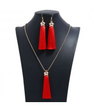 Cotton Threads Tassel Bohemian Fashion Long Chain Necklace and Earrings Set - Red