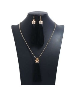 Cotton Threads Tassel Bohemian Fashion Long Chain Necklace and Earrings Set - Black