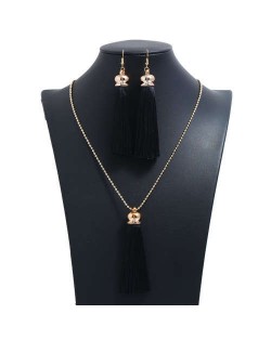 Cotton Threads Tassel Bohemian Fashion Long Chain Necklace and Earrings Set - Black