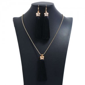 Cotton Threads Tassel Bohemian Fashion Long Chain Necklace and Earrings Set - Black