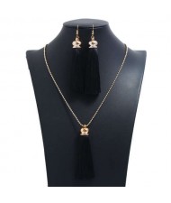 Cotton Threads Tassel Bohemian Fashion Long Chain Necklace and Earrings Set - Black