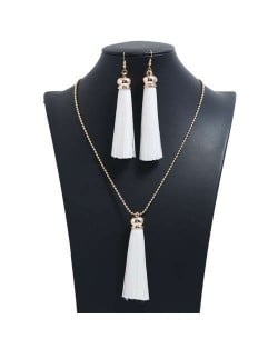 Cotton Threads Tassel Bohemian Fashion Long Chain Necklace and Earrings Set - White
