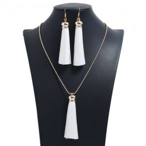 Cotton Threads Tassel Bohemian Fashion Long Chain Necklace and Earrings Set - White