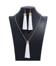 Cotton Threads Tassel Bohemian Fashion Long Chain Necklace and Earrings Set - White