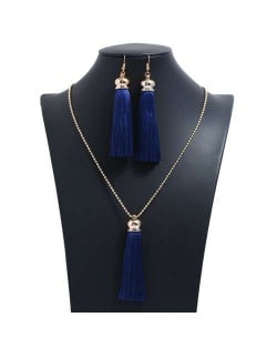 Cotton Threads Tassel Bohemian Fashion Long Chain Necklace and Earrings Set - Ink Blue