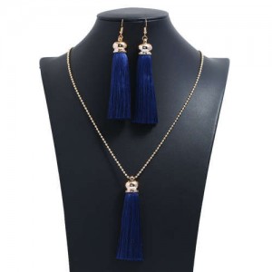 Cotton Threads Tassel Bohemian Fashion Long Chain Necklace and Earrings Set - Ink Blue