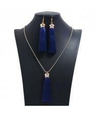 Cotton Threads Tassel Bohemian Fashion Long Chain Necklace and Earrings Set - Ink Blue