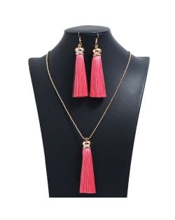 Cotton Threads Tassel Bohemian Fashion Long Chain Necklace and Earrings Set - Pink
