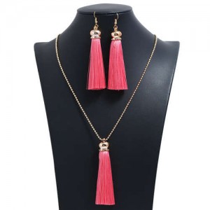 Cotton Threads Tassel Bohemian Fashion Long Chain Necklace and Earrings Set - Pink