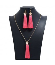 Cotton Threads Tassel Bohemian Fashion Long Chain Necklace and Earrings Set - Pink