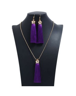 Cotton Threads Tassel Bohemian Fashion Long Chain Necklace and Earrings Set - Purple