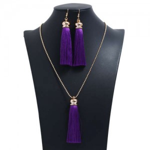 Cotton Threads Tassel Bohemian Fashion Long Chain Necklace and Earrings Set - Purple