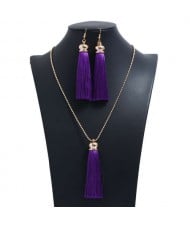 Cotton Threads Tassel Bohemian Fashion Long Chain Necklace and Earrings Set - Purple
