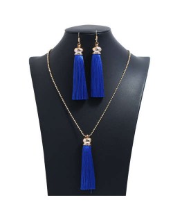 Cotton Threads Tassel Bohemian Fashion Long Chain Necklace and Earrings Set - Rayal Blue