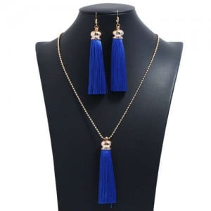 Cotton Threads Tassel Bohemian Fashion Long Chain Necklace and Earrings Set - Rayal Blue
