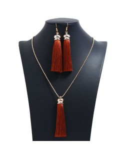 Cotton Threads Tassel Bohemian Fashion Long Chain Necklace and Earrings Set - Brown