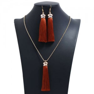 Cotton Threads Tassel Bohemian Fashion Long Chain Necklace and Earrings Set - Brown