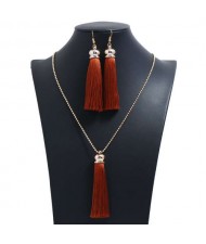 Cotton Threads Tassel Bohemian Fashion Long Chain Necklace and Earrings Set - Brown