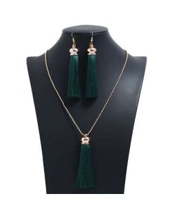 Cotton Threads Tassel Bohemian Fashion Long Chain Necklace and Earrings Set - Ink Green