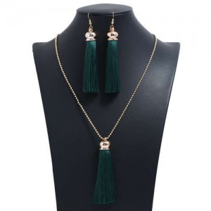 Cotton Threads Tassel Bohemian Fashion Long Chain Necklace and Earrings Set - Ink Green