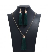 Cotton Threads Tassel Bohemian Fashion Long Chain Necklace and Earrings Set - Ink Green