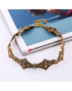 Gem Embellished Vintage Floral Engraving Design Short Women Costume Necklace - Vintage Copper