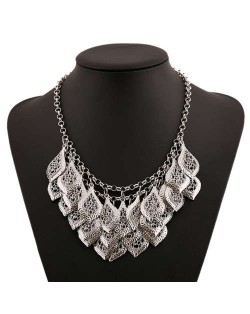 Multi-layer Hollow Leaves Vintage Bold Fashion Women Bib Necklace - Silver