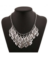 Multi-layer Hollow Leaves Vintage Bold Fashion Women Bib Necklace - Silver