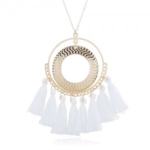 Cotton Threads Tassel Hoop Pendant Bohemian Fashion Necklace - White