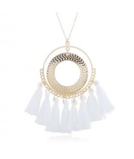 Cotton Threads Tassel Hoop Pendant Bohemian Fashion Necklace - White