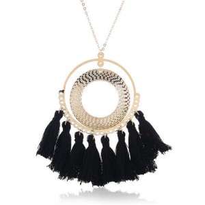 Cotton Threads Tassel Hoop Pendant Bohemian Fashion Necklace - Black