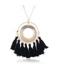 Cotton Threads Tassel Hoop Pendant Bohemian Fashion Necklace - Black