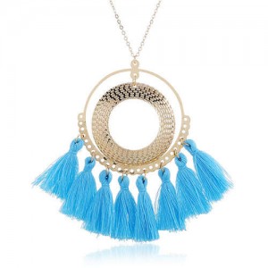 Cotton Threads Tassel Hoop Pendant Bohemian Fashion Necklace - Blue