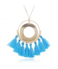 Cotton Threads Tassel Hoop Pendant Bohemian Fashion Necklace - Blue