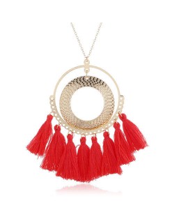 Cotton Threads Tassel Hoop Pendant Bohemian Fashion Necklace - Red