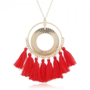 Cotton Threads Tassel Hoop Pendant Bohemian Fashion Necklace - Red