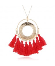 Cotton Threads Tassel Hoop Pendant Bohemian Fashion Necklace - Red
