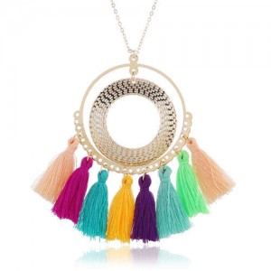 Cotton Threads Tassel Hoop Pendant Bohemian Fashion Necklace - Multicolor