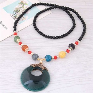 Resin Gem Pendant Beads Long Chain Graceful Fashion Costume Necklace - Green