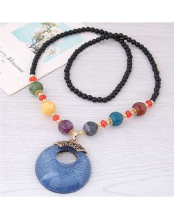 Resin Gem Pendant Beads Long Chain Graceful Fashion Costume Necklace - Blue