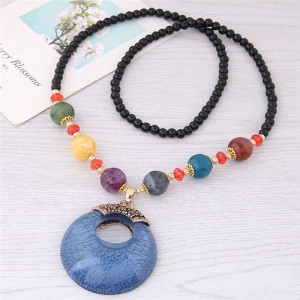 Resin Gem Pendant Beads Long Chain Graceful Fashion Costume Necklace - Blue
