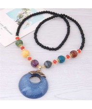 Resin Gem Pendant Beads Long Chain Graceful Fashion Costume Necklace - Blue